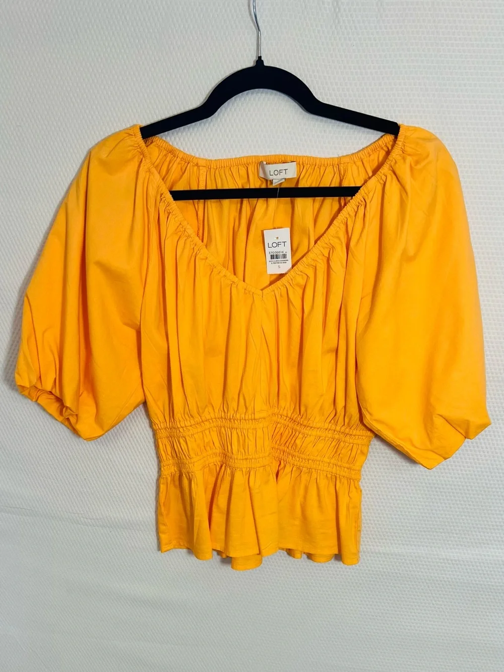 LOFT Bright Orange Puff Sleeve Smocked Peplum Blouse